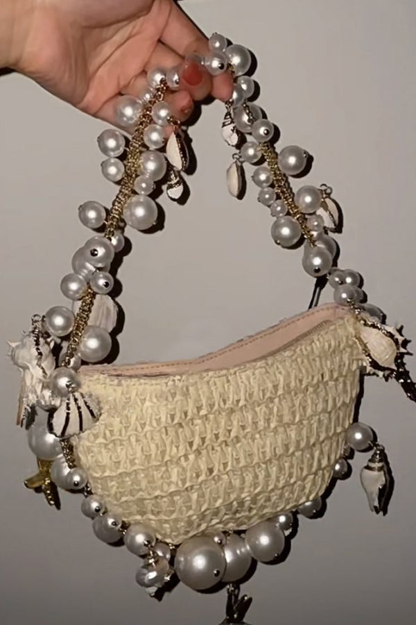 New Apricot Straw Woven Pearl Tote Handbag