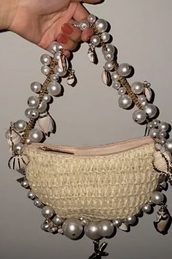New Apricot Straw Woven Pearl Tote Handbag