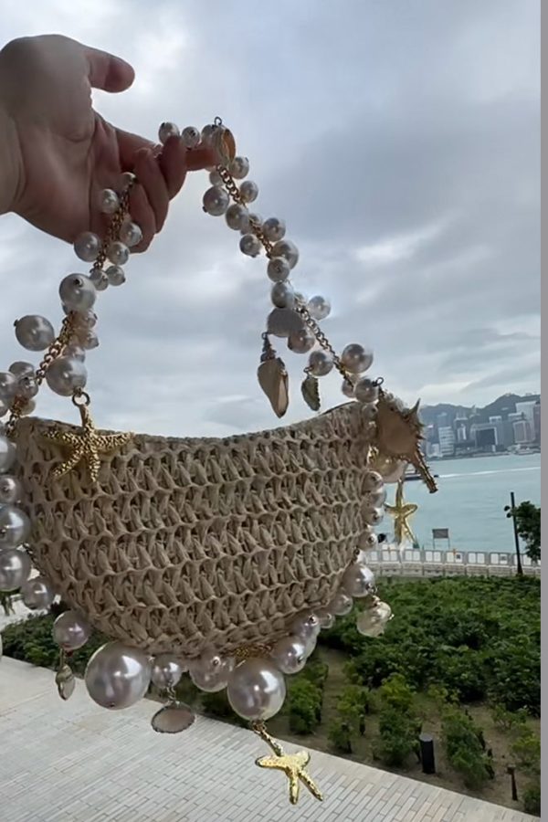 New Apricot Straw Woven Pearl Tote Handbag