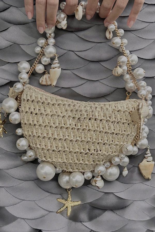 New Apricot Straw Woven Pearl Tote Handbag