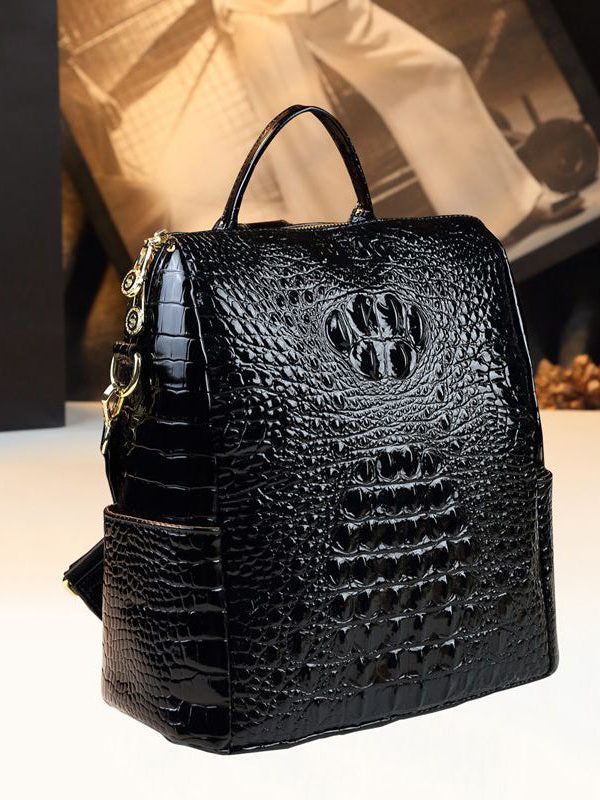 New Black Embossed Large Capacity Calf Leather Backpack Bag