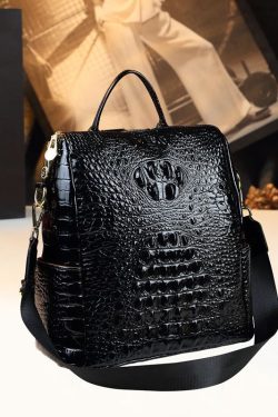 New Black Embossed Large Capacity Calf Leather Backpack Bag