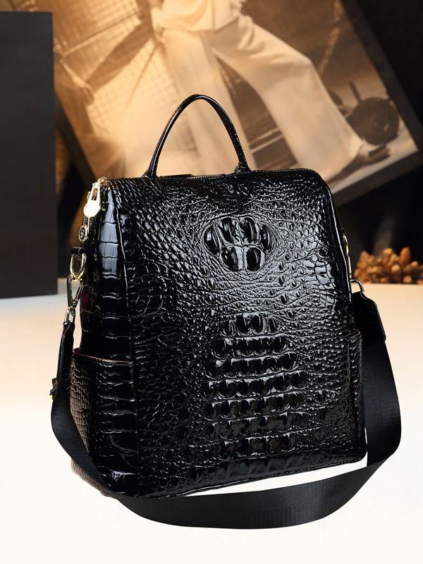 New Black Embossed Large Capacity Calf Leather Backpack Bag