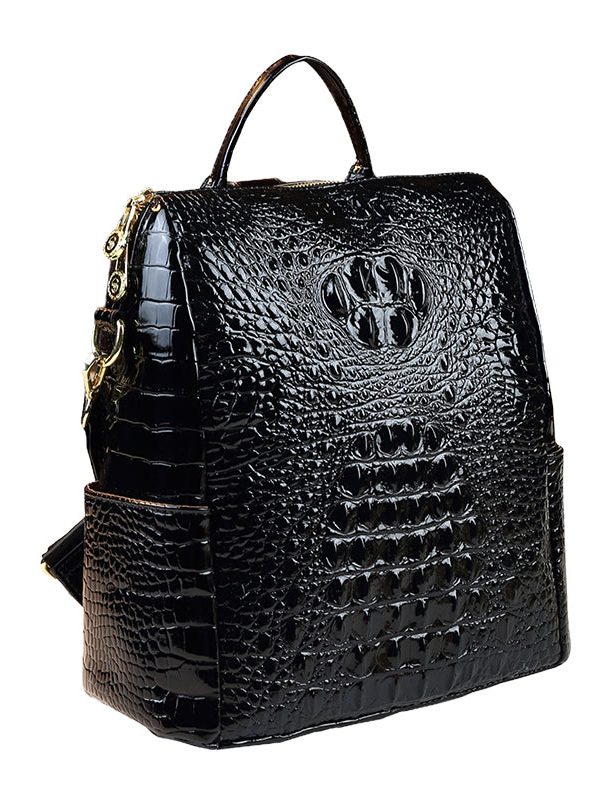 New Black Embossed Large Capacity Calf Leather Backpack Bag