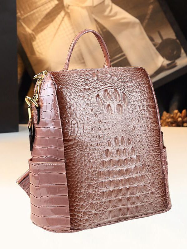 New Black Embossed Large Capacity Calf Leather Backpack Bag