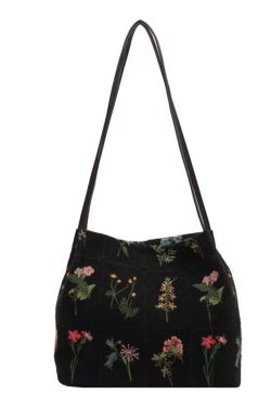 New Black Embroidered Large Capacity Canvas Shoulder Bag