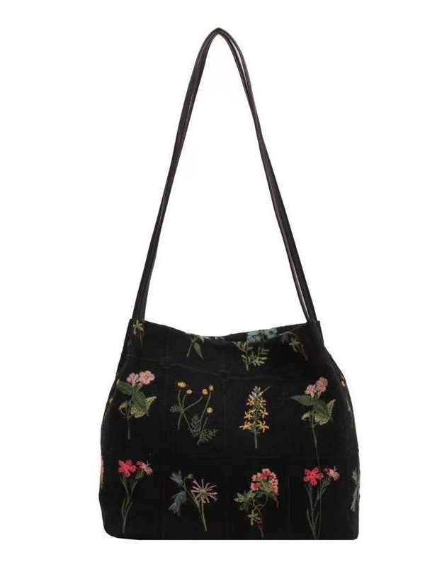 New Black Embroidered Large Capacity Canvas Shoulder Bag