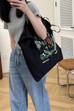 New Black Embroidered Large Capacity Nylon Shopping Bag