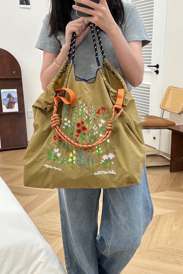 New Black Embroidered Large Capacity Nylon Shopping Bag