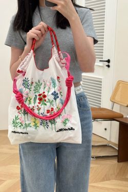 New Black Embroidered Large Capacity Nylon Shopping Bag