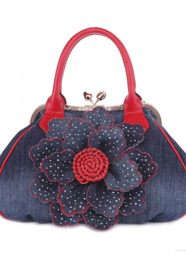 New Blue Flower Women's Denim Satchel Bag Handbag