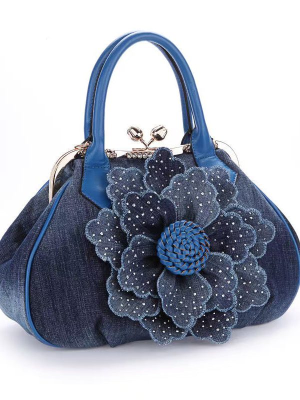 New Blue Flower Women's Denim Satchel Bag Handbag