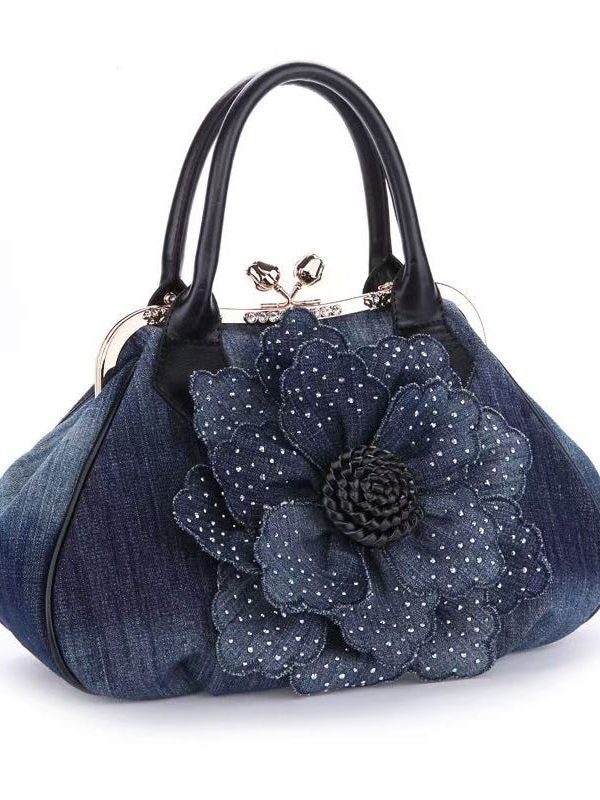 New Blue Flower Women's Denim Satchel Bag Handbag