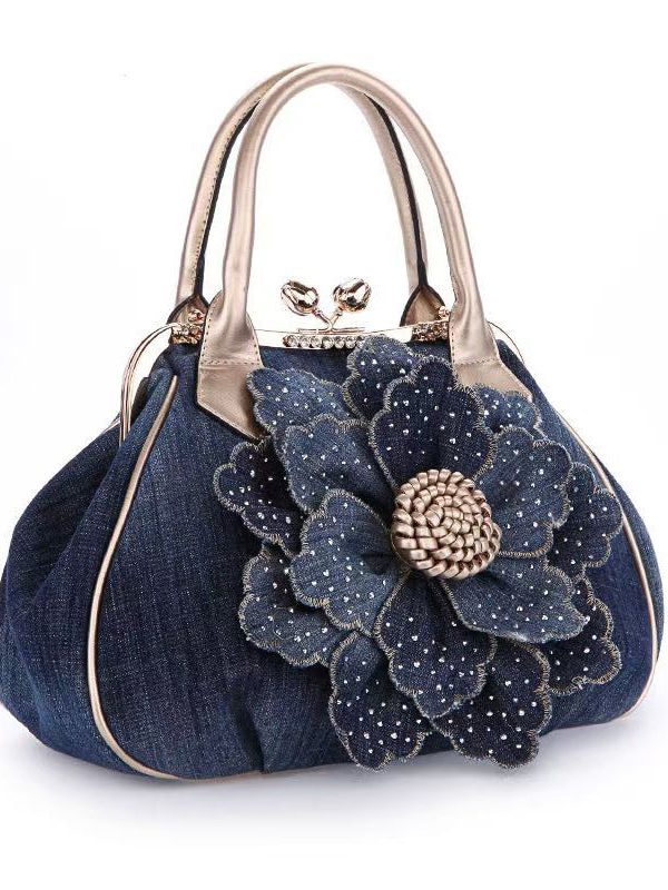 New Blue Flower Women's Denim Satchel Bag Handbag