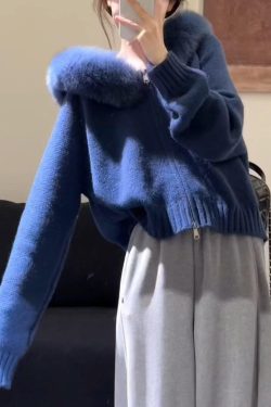 New Blue Hooded Fur Collar Zippered Knit Coats Winter