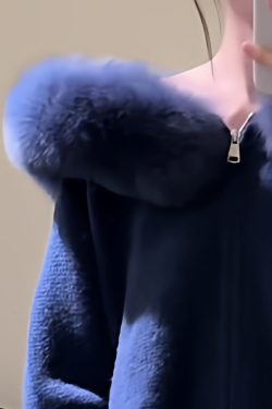 New Blue Hooded Fur Collar Zippered Knit Coats Winter