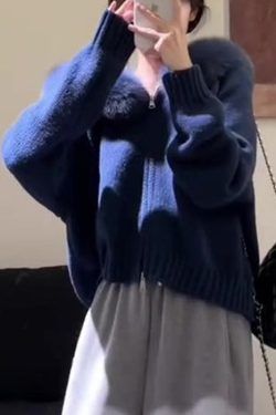 New Blue Hooded Fur Collar Zippered Knit Coats Winter