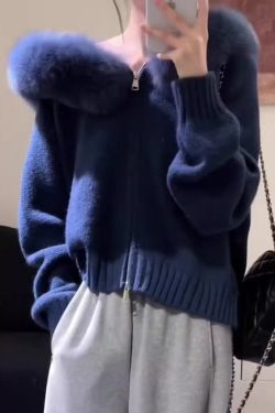 New Blue Hooded Fur Collar Zippered Knit Coats Winter