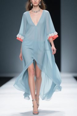 New Blue Low High Design Floral Patchwork Chiffon Dresses Bracelet Sleeve