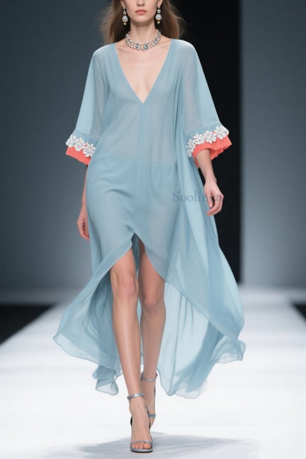 New Blue Low High Design Floral Patchwork Chiffon Dresses Bracelet Sleeve