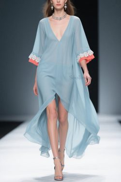 New Blue Low High Design Floral Patchwork Chiffon Dresses Bracelet Sleeve