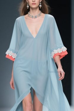 New Blue Low High Design Floral Patchwork Chiffon Dresses Bracelet Sleeve