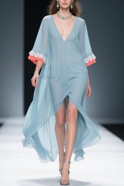 New Blue Low High Design Floral Patchwork Chiffon Dresses Bracelet Sleeve