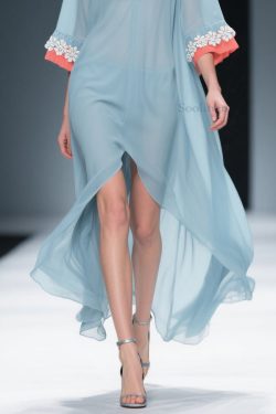 New Blue Low High Design Floral Patchwork Chiffon Dresses Bracelet Sleeve