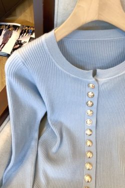New Blue O Neck Cozy Patchwork Knit Sweater Tops Winter