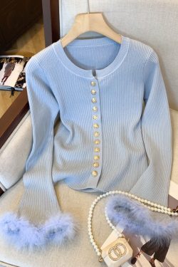 New Blue O Neck Cozy Patchwork Knit Sweater Tops Winter