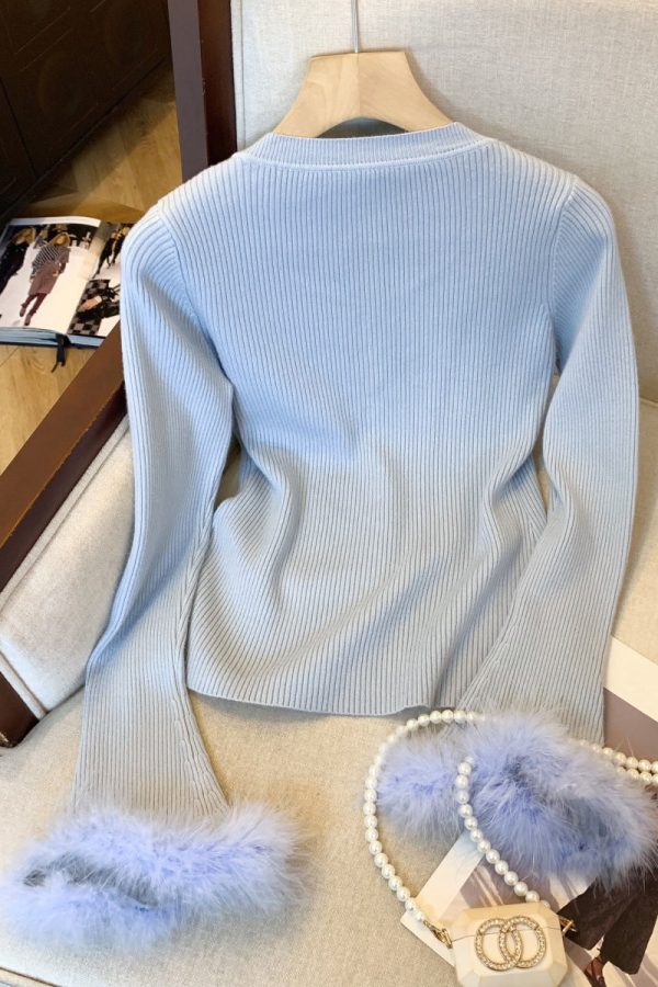 New Blue O Neck Cozy Patchwork Knit Sweater Tops Winter