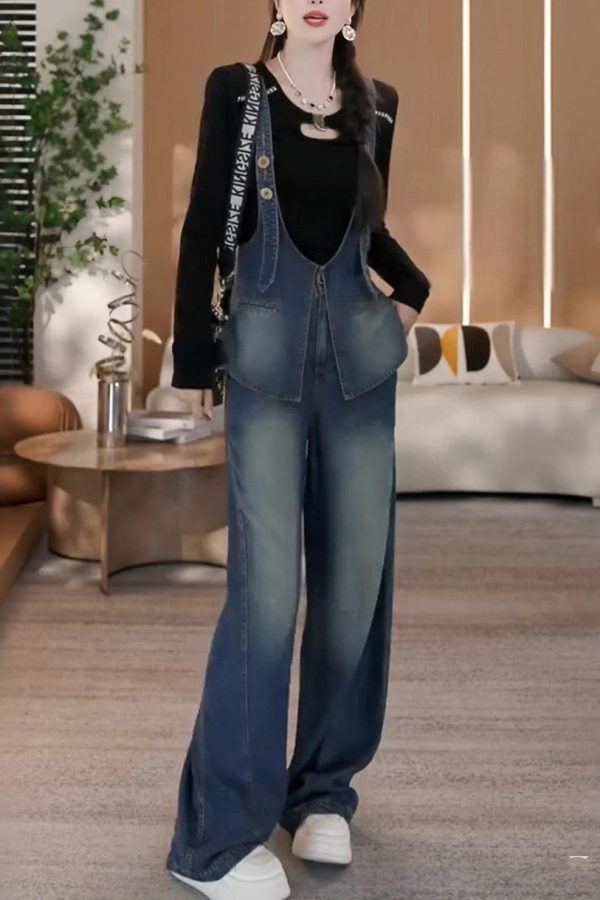 New Blue Patchwork Denim Overalls Jumpsuit Spring