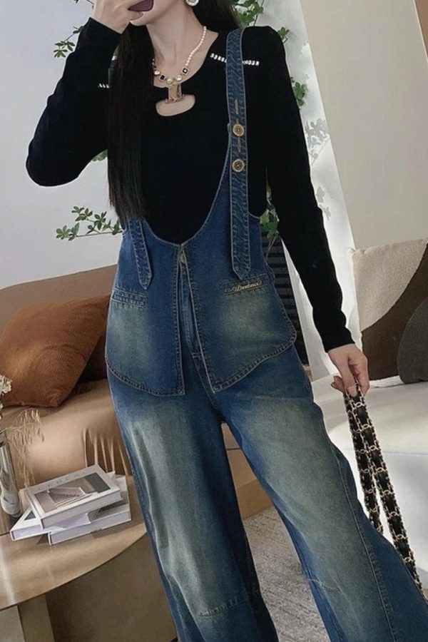 New Blue Patchwork Denim Overalls Jumpsuit Spring