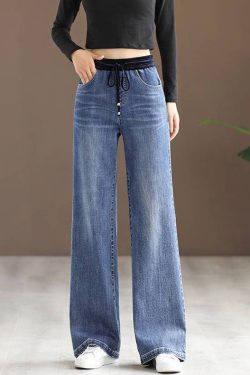 New Blue Pockets Elastic Waist Patchwork Denim Pants Spring
