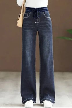 New Blue Pockets Elastic Waist Patchwork Denim Pants Spring