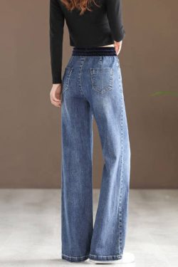New Blue Pockets Elastic Waist Patchwork Denim Pants Spring