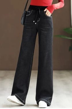 New Blue Pockets Elastic Waist Patchwork Denim Pants Spring