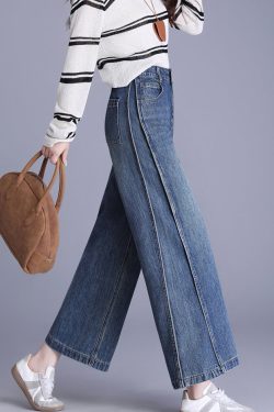 New Blue Pockets Patchwork Denim Crop Pants Spring