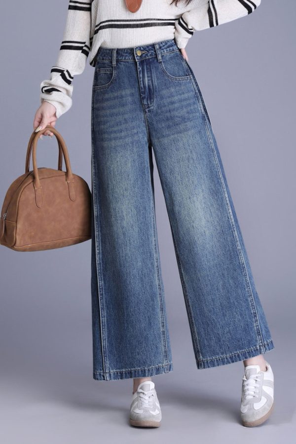 New Blue Pockets Patchwork Denim Crop Pants Spring