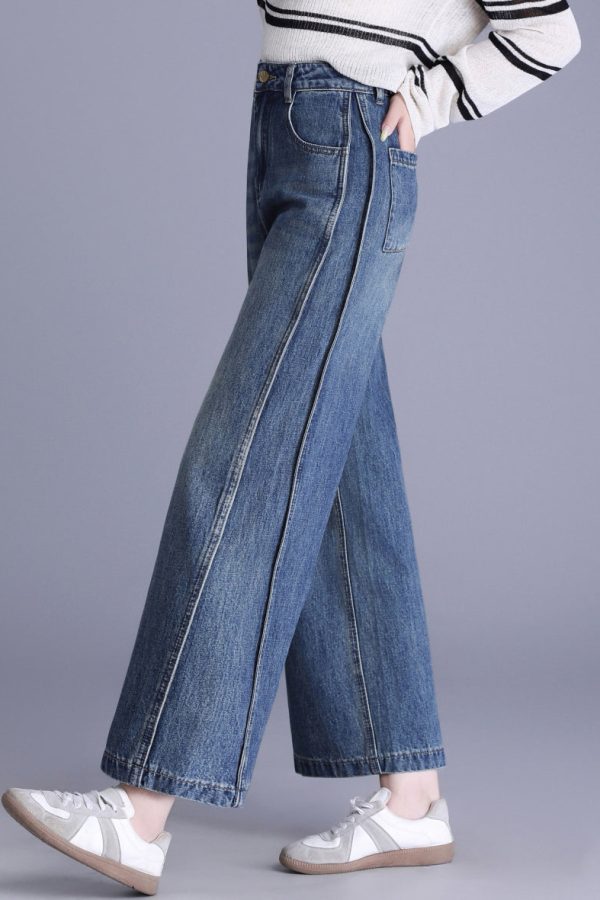 New Blue Pockets Patchwork Denim Crop Pants Spring