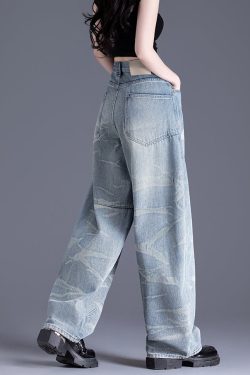 New Blue Pockets Tie Dye Patchwork Denim Pants Spring