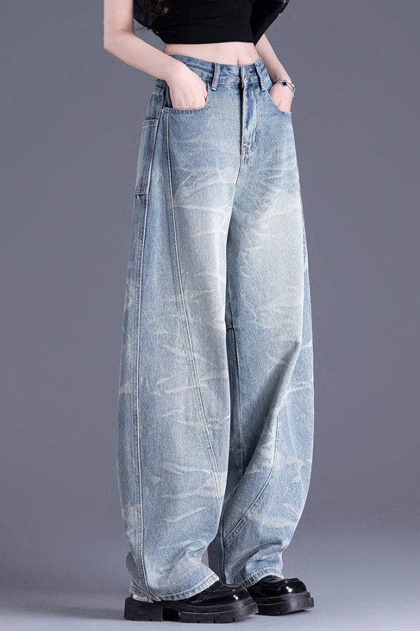 New Blue Pockets Tie Dye Patchwork Denim Pants Spring