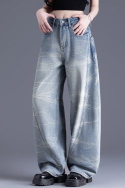 New Blue Pockets Tie Dye Patchwork Denim Pants Spring