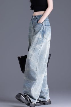 New Blue Pockets Tie Dye Patchwork Denim Pants Spring