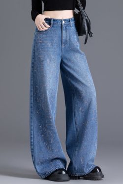 New Blue Pockets Zircon Denim Wide Leg Pants Spring