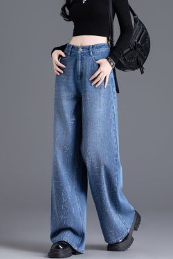 New Blue Pockets Zircon Denim Wide Leg Pants Spring