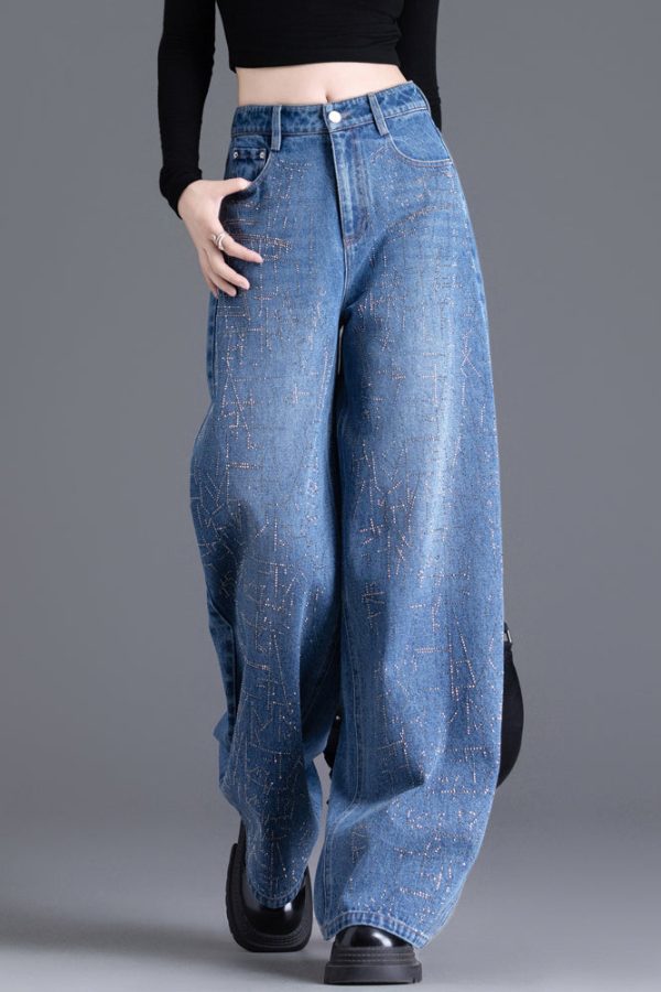 New Blue Pockets Zircon Denim Wide Leg Pants Spring