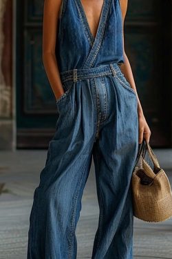 New Blue V Neck Pockets Denim Jumpsuit Sleeveless