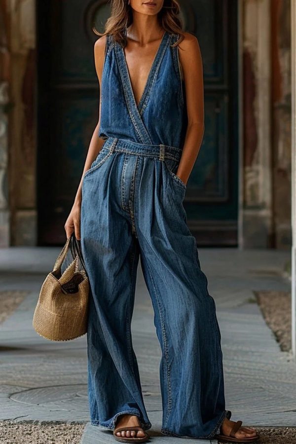 New Blue V Neck Pockets Denim Jumpsuit Sleeveless
