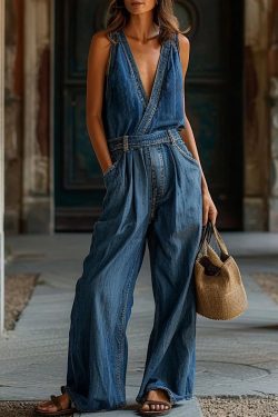 New Blue V Neck Pockets Denim Jumpsuit Sleeveless